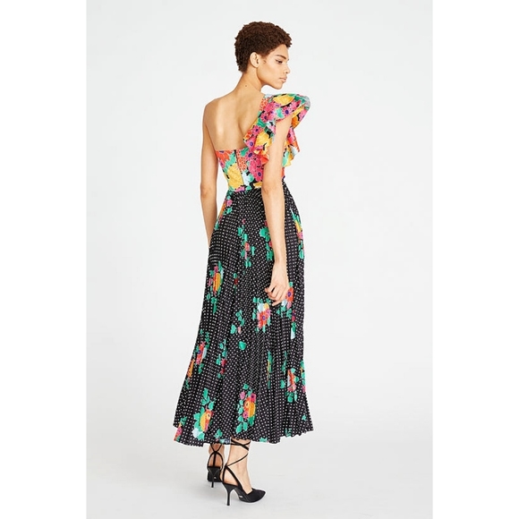 Amur Cleopatra Patchwork Floral Cut Out Pleated Ruffle Midi Dress - Picture 5 of 5